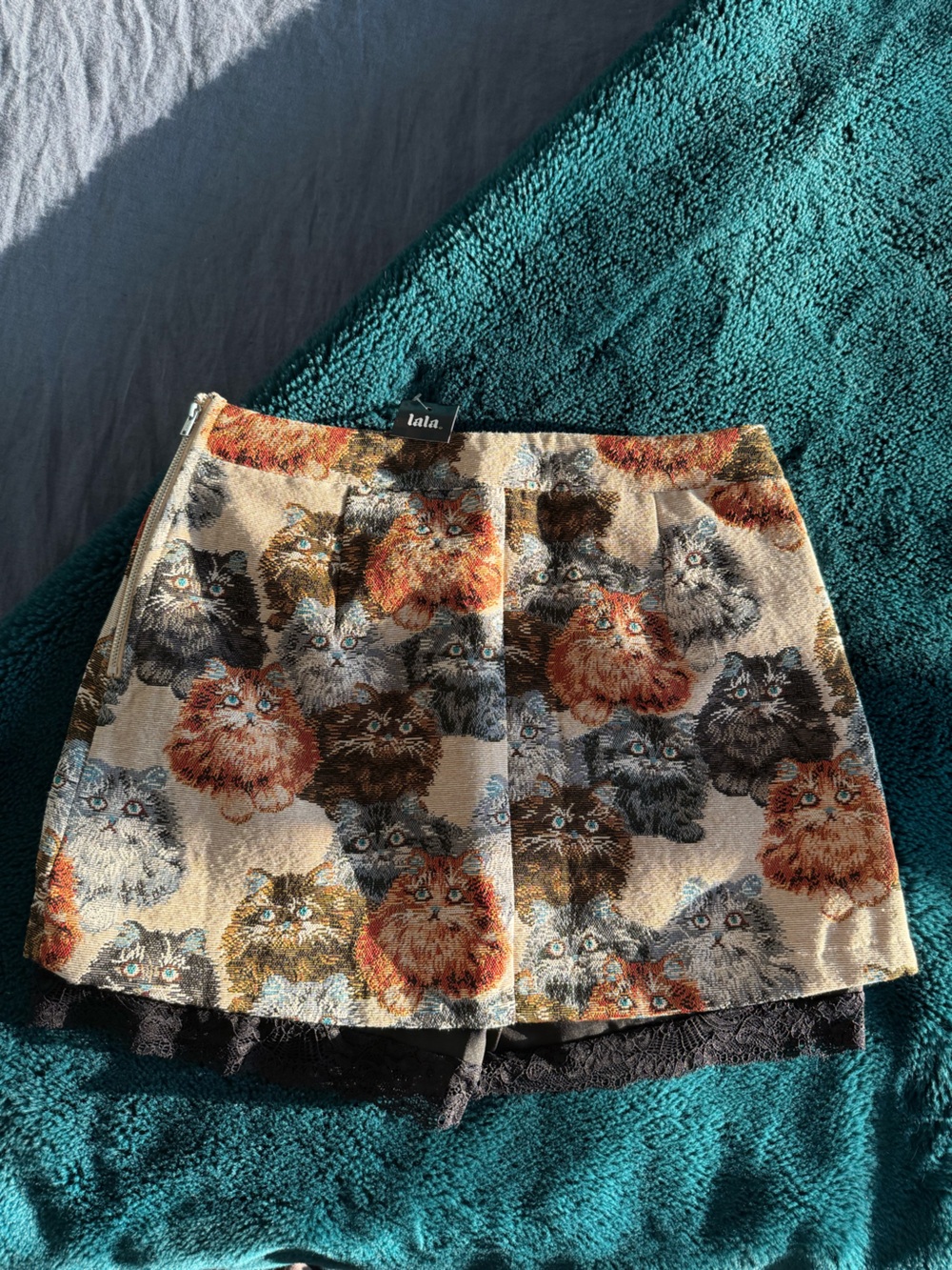 Dressed in LALA Beige Mini Skirt with Multi-Colored Cat Tapestry - Picture 10 of 14
